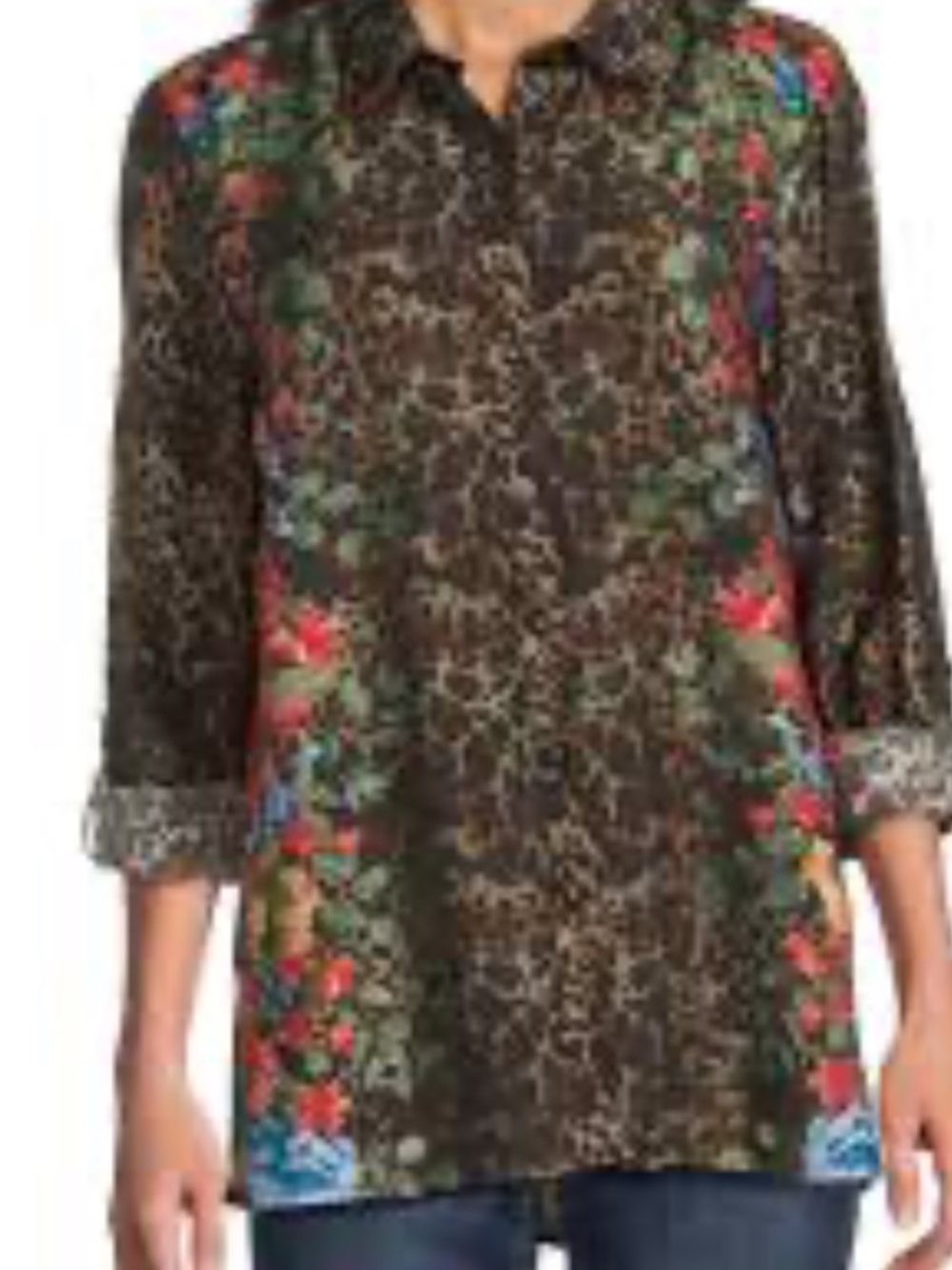 Printed Floral-Trim Tunic Top in Brown